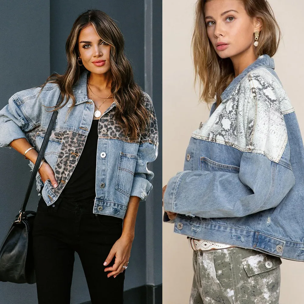 

Fashion Leopard Patchwork Denim Jackets For Women Autumn 2023 High Street Pocket Casual Tops Ladies Short Style Frayed Jean Coat