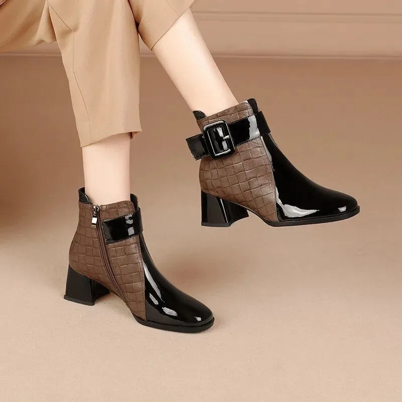 

Square Toe Metal Belt Buckle Thick High Heels Autumn and Winter Color Matching Cow Patent Leather Side Zipper Ankle Boots