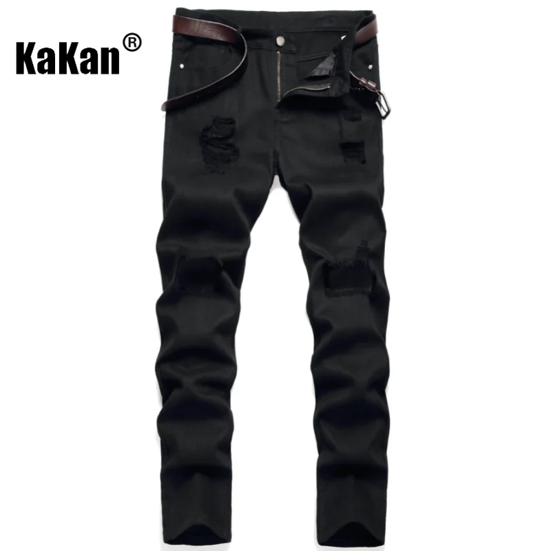 Kakan - European and American New Distressed Casual Jeans for Men, Pure Black Men's Jeans K021-20170