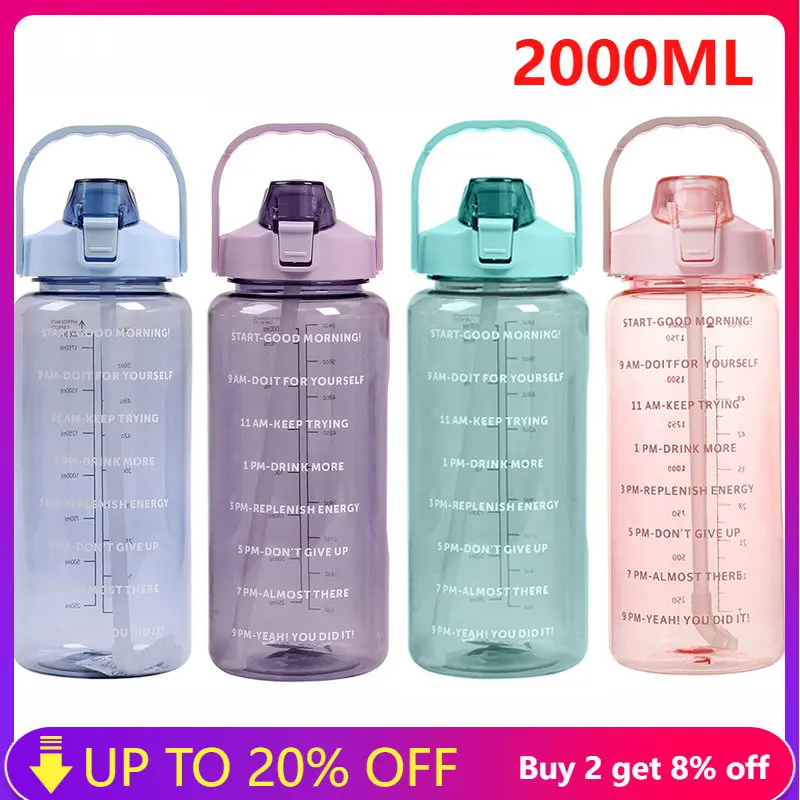 2 Litre Sports Water Bottle Large Capacity Plastic Drinking Cups with Time Marker Straw Motivational Water Bottle for Kids Girls