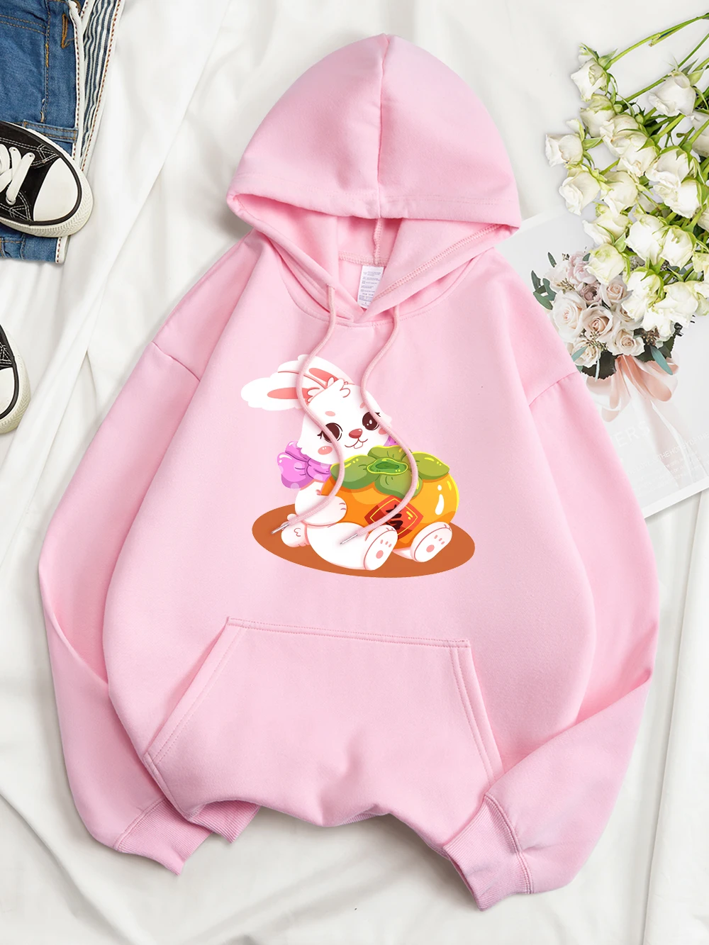 

Rabbit With Persimmon Everything Goes Well In The New Year Female Sweatshirt All-math Loose Tops Cartoons Womans Cotton Clothing