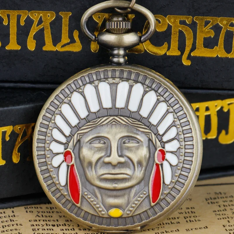Vintage Starożytny Indyjski Starzec Kolorowy Portret Kwarcowy Zegarek Kieszonkowy Brązowy Wisiorek Naszyjnik Łańcuch Pamiątki Prezenty