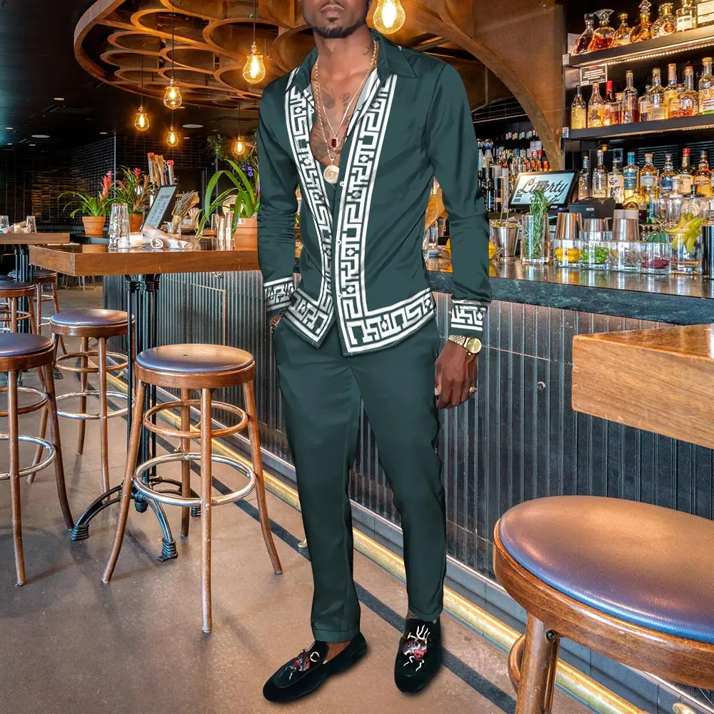 2023 Spring Men's Party Dress Shirt Pants Suit Fashion Brand 3D Vertical Bar Graph Cardigan Slacks Oversized S-4XL Men Clothing