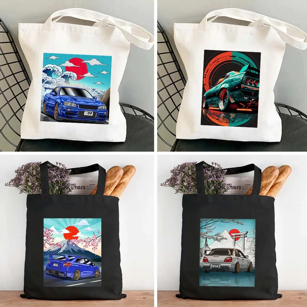 

Male Men JDM Sports Comic Skyline Racing Car Sunset Sunrise Women's Canvas Tote Bag Shoulder Shopper Cotton Eco Shopping Handbag