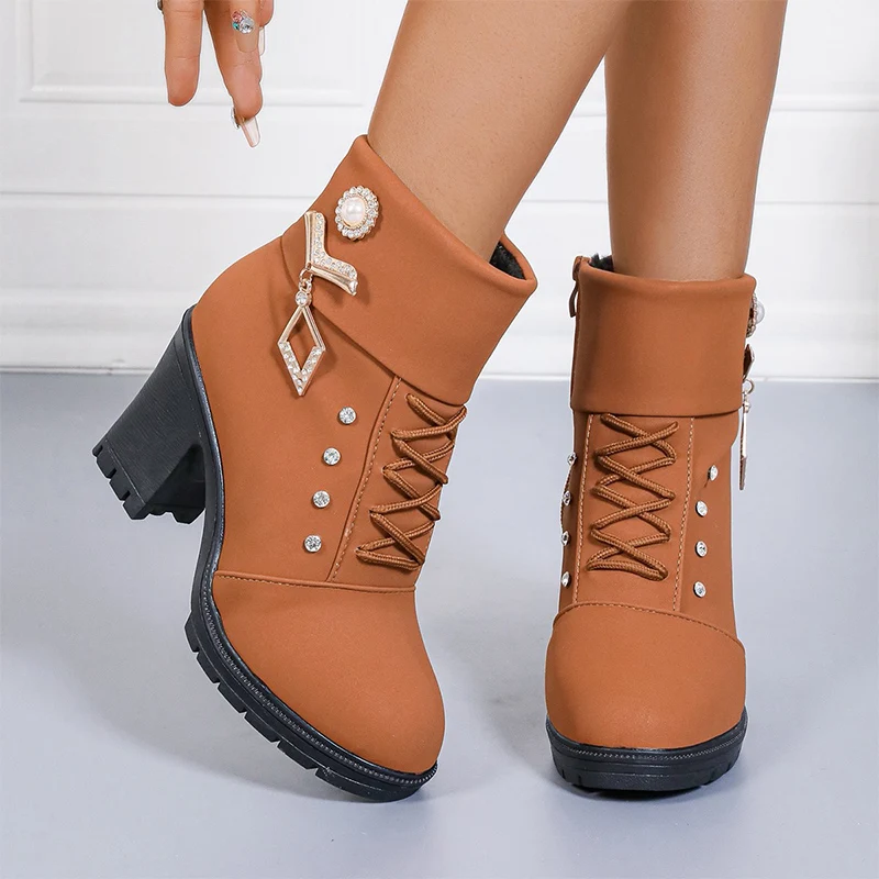 Роскошные женские зимние ботильоны с кристаллами обувь на высоком каблуке