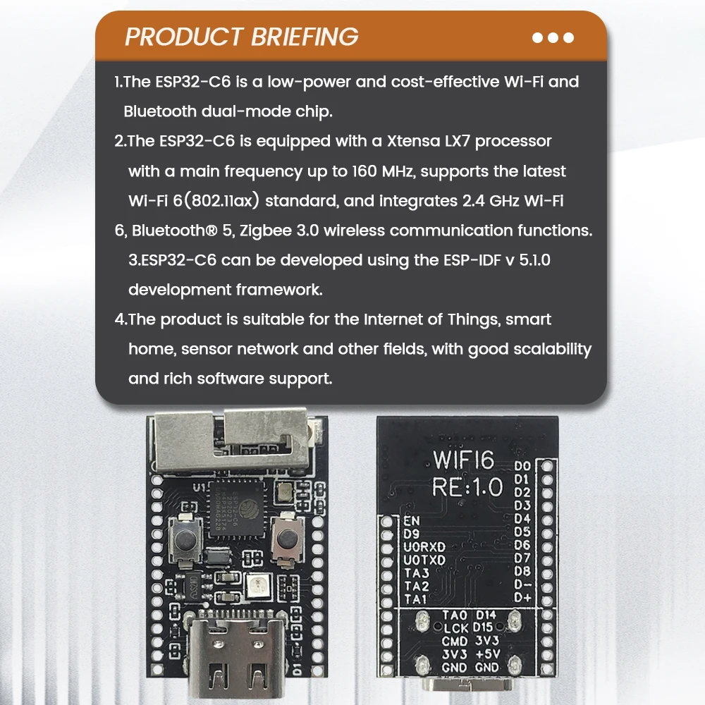 Фото Wifi6 ESP32 C6 разрядная плата Женская 32-разрядная флэш-память N4 BT Wifi модуль с кварцевым генератором RGB флэш-память 4 Мб USB Type-C №5
