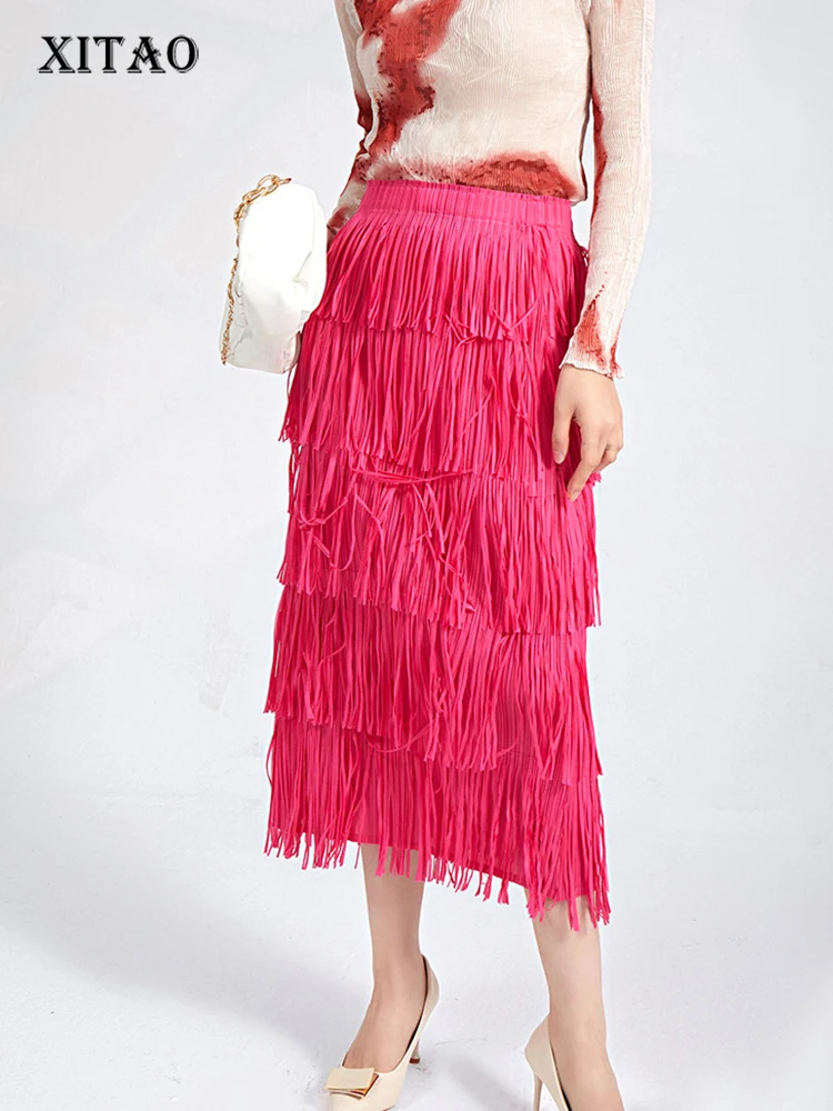 

XITAO Tassel Skirt New Women Solid Color Pleated Goddess Fan Casual Small Fresh 2023 Summer Loose Mid Calf Skirt WLD11480