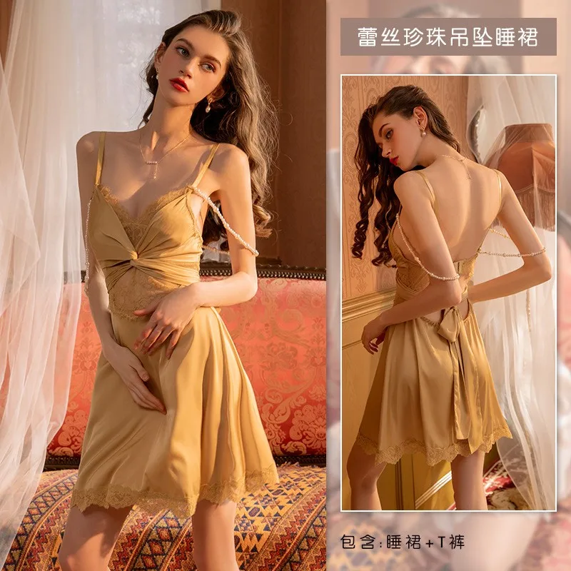 Sexy Women Sleepwear Lace Cross Strap Women Nightdress Free Removal With Beads Temptation Lingerie Night Gown Black Red White