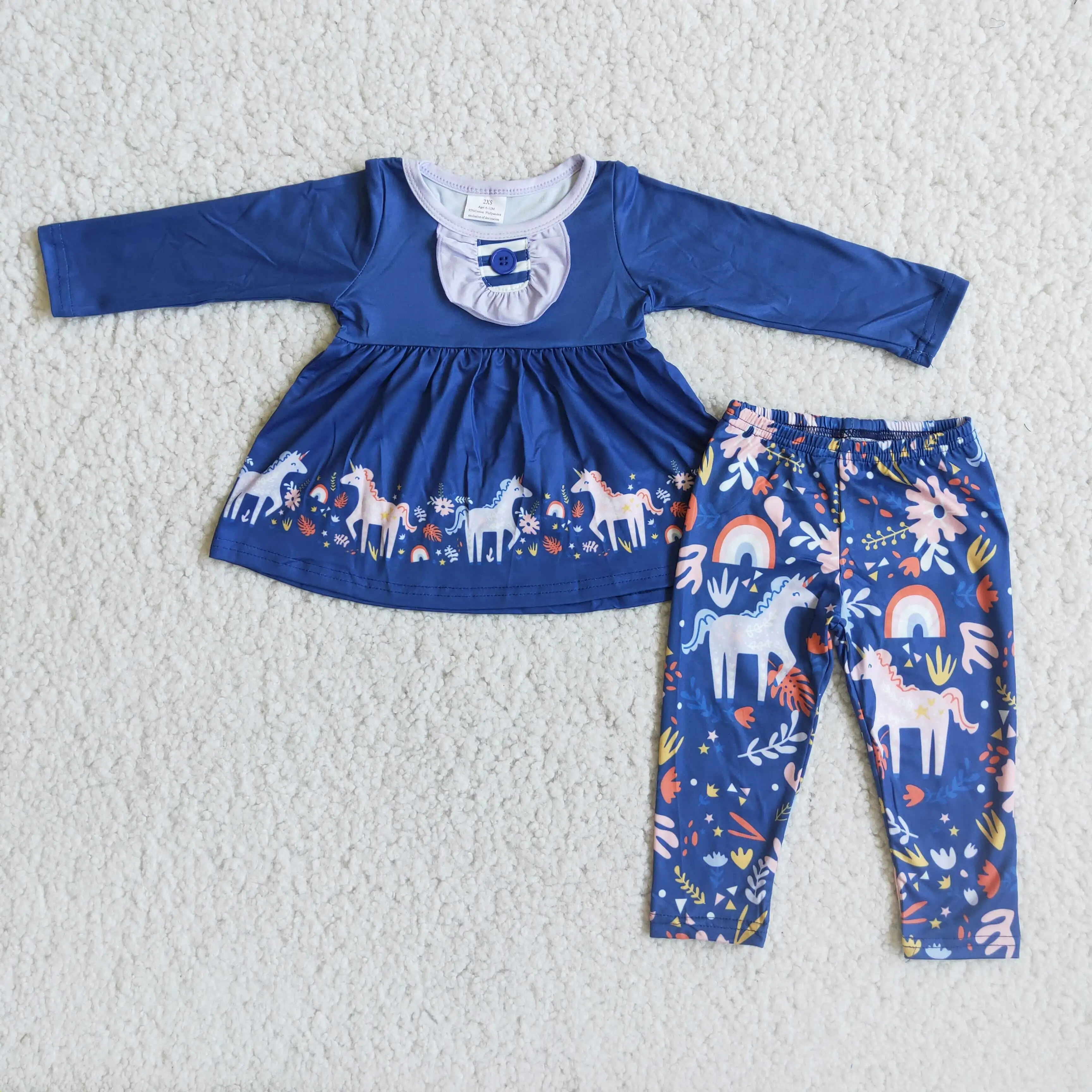 

Factory Direct Sale RTS NO MOQ K​ids Blue Clothes Sets Baby Unicorn Print Apparels Toddler Girls Fancy Outfits