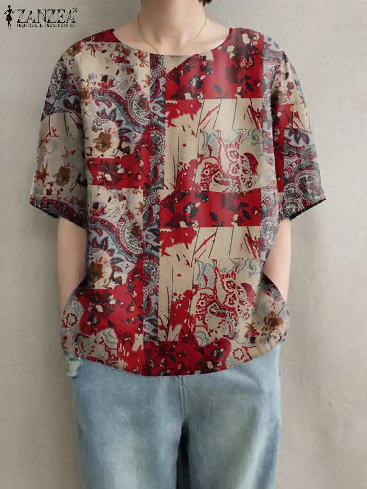 

ZANZEA Fashion Printed Blouse Summer Bohemian Holiday Casual Shirts Women O Neck Half Sleeve Blusas Vintage Floral Tunic Tops