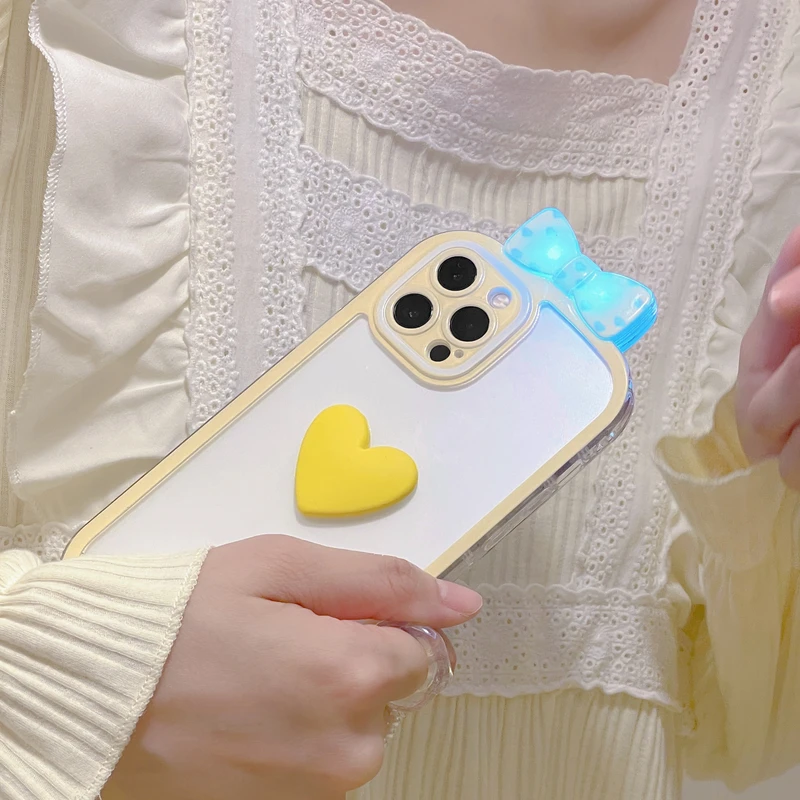 

Korea Cute Glowing Bow Colorful Love Heart 3D Transparent Phone Case For iPhone 11 12 13 Pro Xs Max Xr X Soft Silicone Cover
