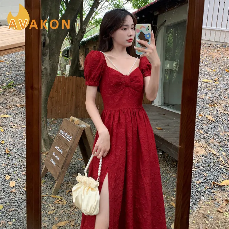 2022 Women's Summer Dress Solid Red A-Line Square Collar Split Wear 2022 Large Puff Sleeve Mid-Calf Dress with Pearls Decor