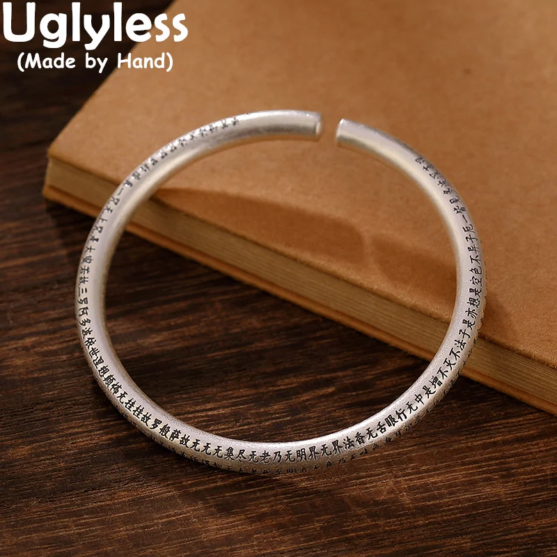 

Uglyless Real 990 Fine Silver Solid Bangles Women Female Buddhists Heart Sutra Bangles Buddhism Gifts Jewelry Religious Bijoux