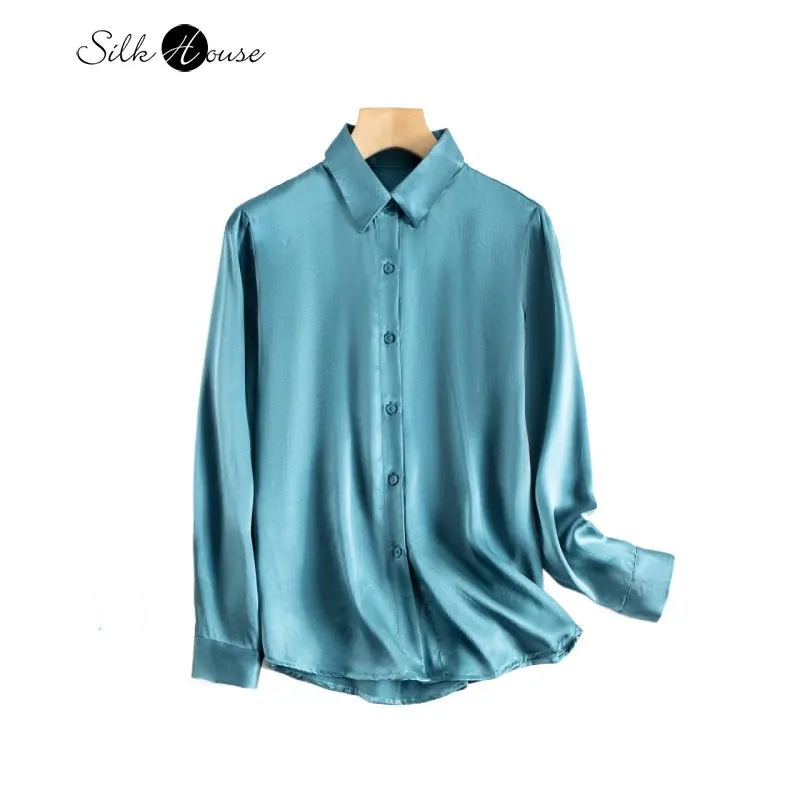 

Silk Plain Crepe Satin Lapel Shirt Agate Blue OL Style Casual Silk Long Sleeve Women's Fashion Top