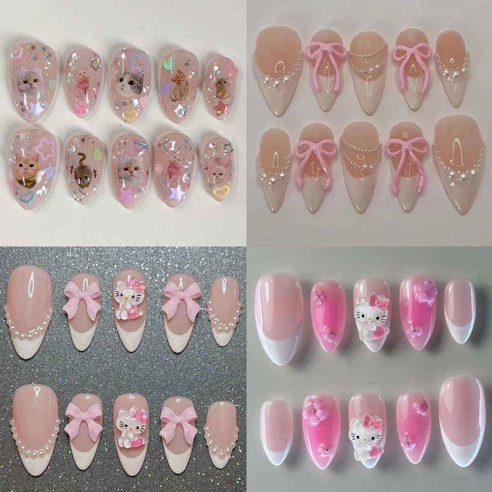 10 шт. ручная работа ногти с французским миндалем Sanriod Hello Kitty телесные розовые