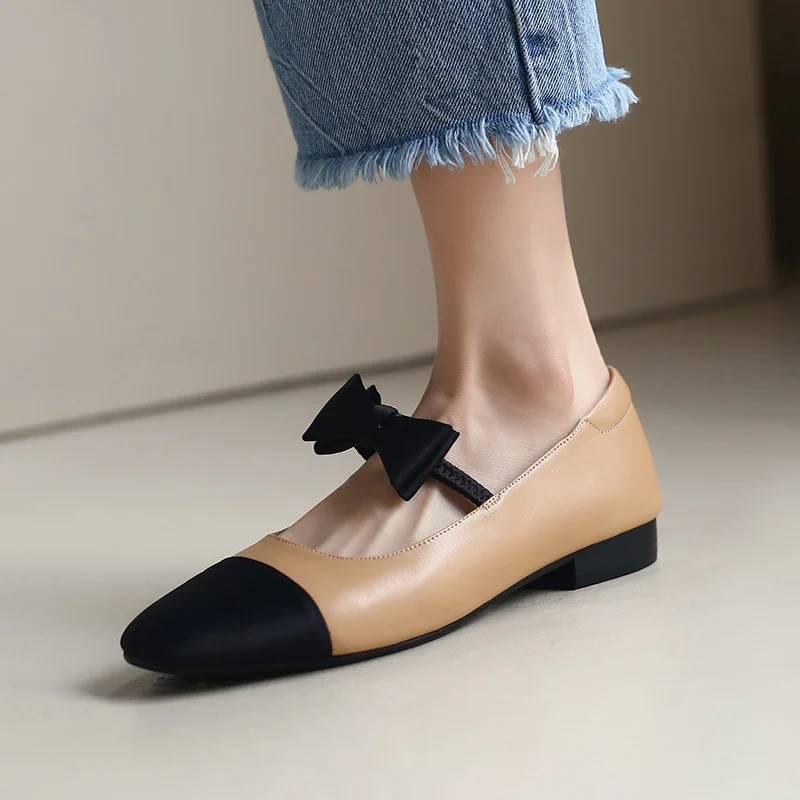 

Patchwork Soft Women’s Sheeskin Ballet Flats Round Toe Womens Design Mocasines With Bowtie Slip On Ladies Shoes