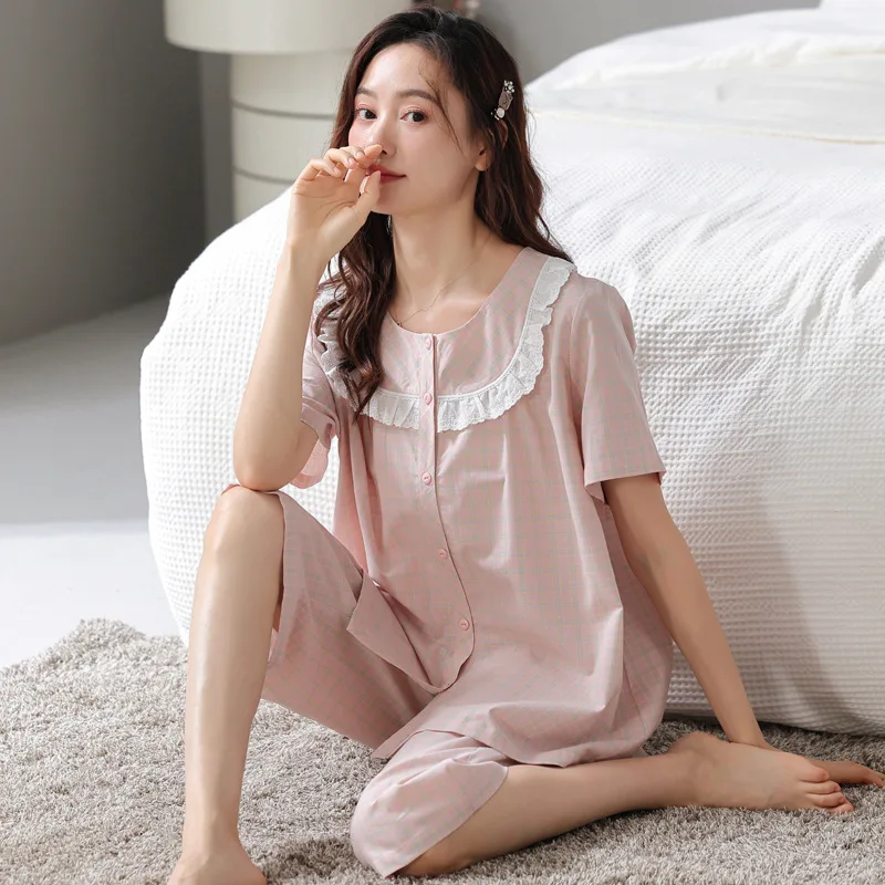 Pajamas for Women's Summer Thin Cotton Short-sleeved Cropped Pants Korean Style Home Service Suit Square Collar Casual Sleepwear