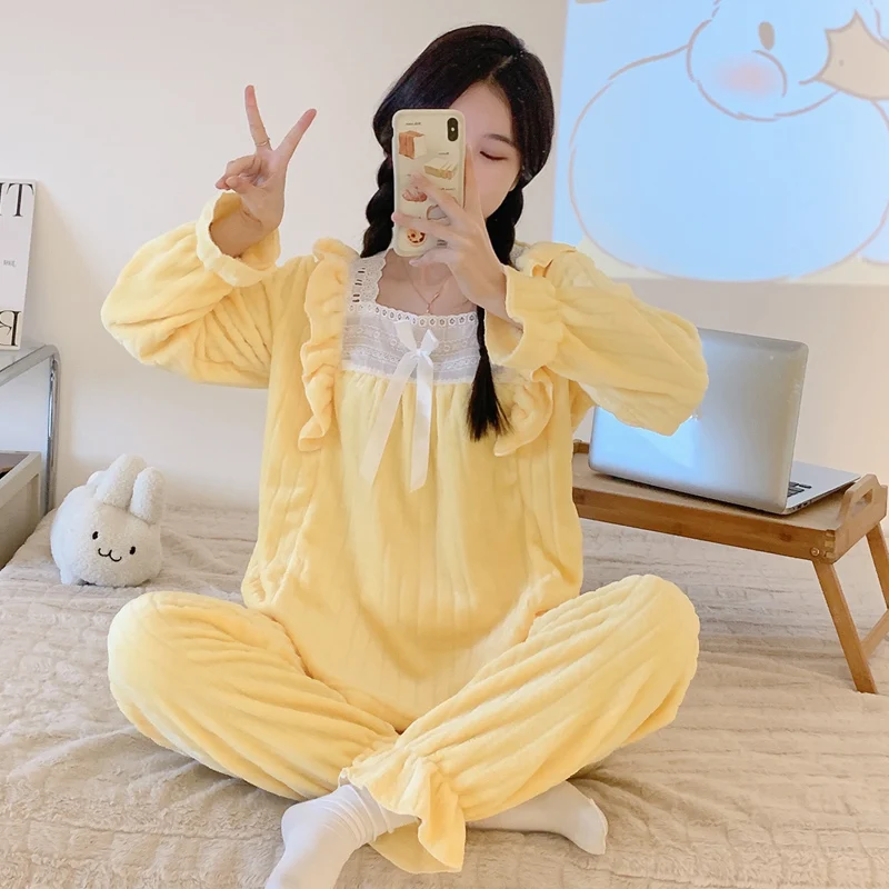 Фланелевый зимний пижамный комплект для женщин пижама с длинным рукавом ночная