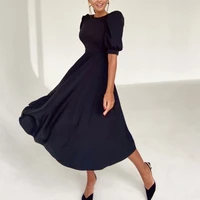 women elegant solid puff sleeves big hem long midi dress sexy hollow out back dresses a line party vestidos