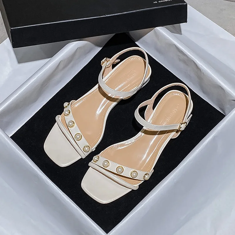 

2022 New Summer women fashion brand pearl designs women shoes cool Korean low-heeled leather open-toe sandals