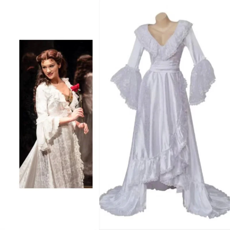 

Musical The Phantom of the Opera Christine Daae Cosplay Costume Victorian Gown White Long Dress Night-Robe for Women