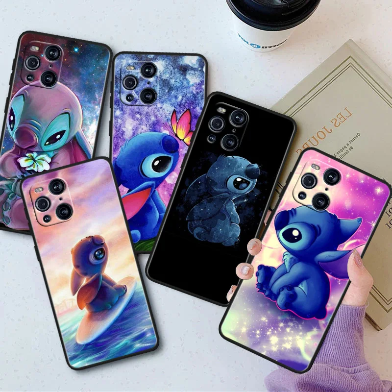 

Cute Anime Stitch Art Phone Case For OPPO Find X5 X3 X2 K10 F21S F21 F9 F7 F5 Neo Pro Lite Black Silicone Soft Cover
