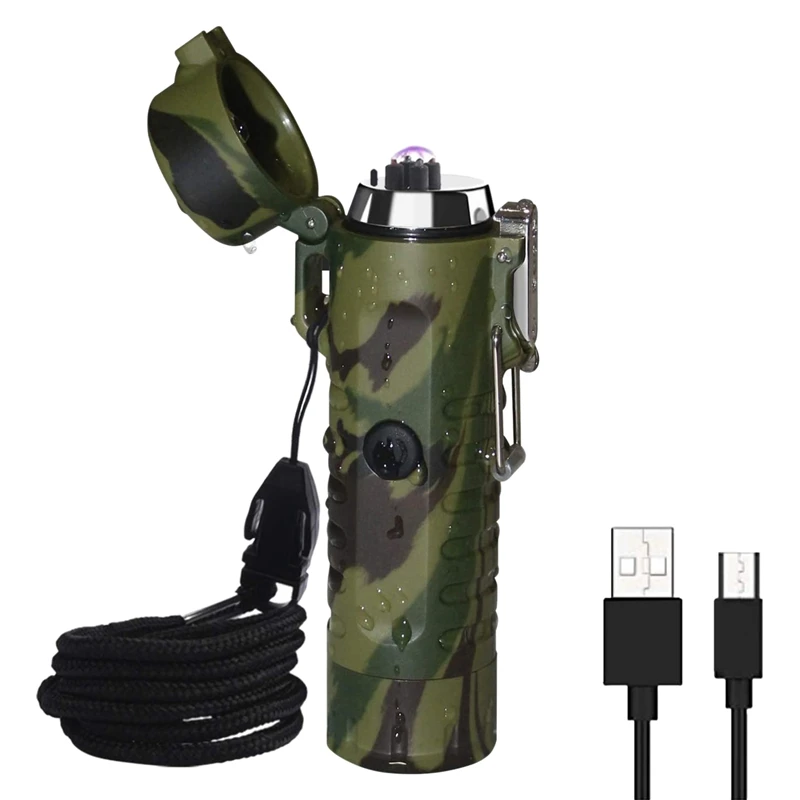 

Электрическая зажигалка для выживания, водонепроницаемая дуговая зажигалка, портативный ручной фонарик для кемпинга на открытом воздухе 2-в-1