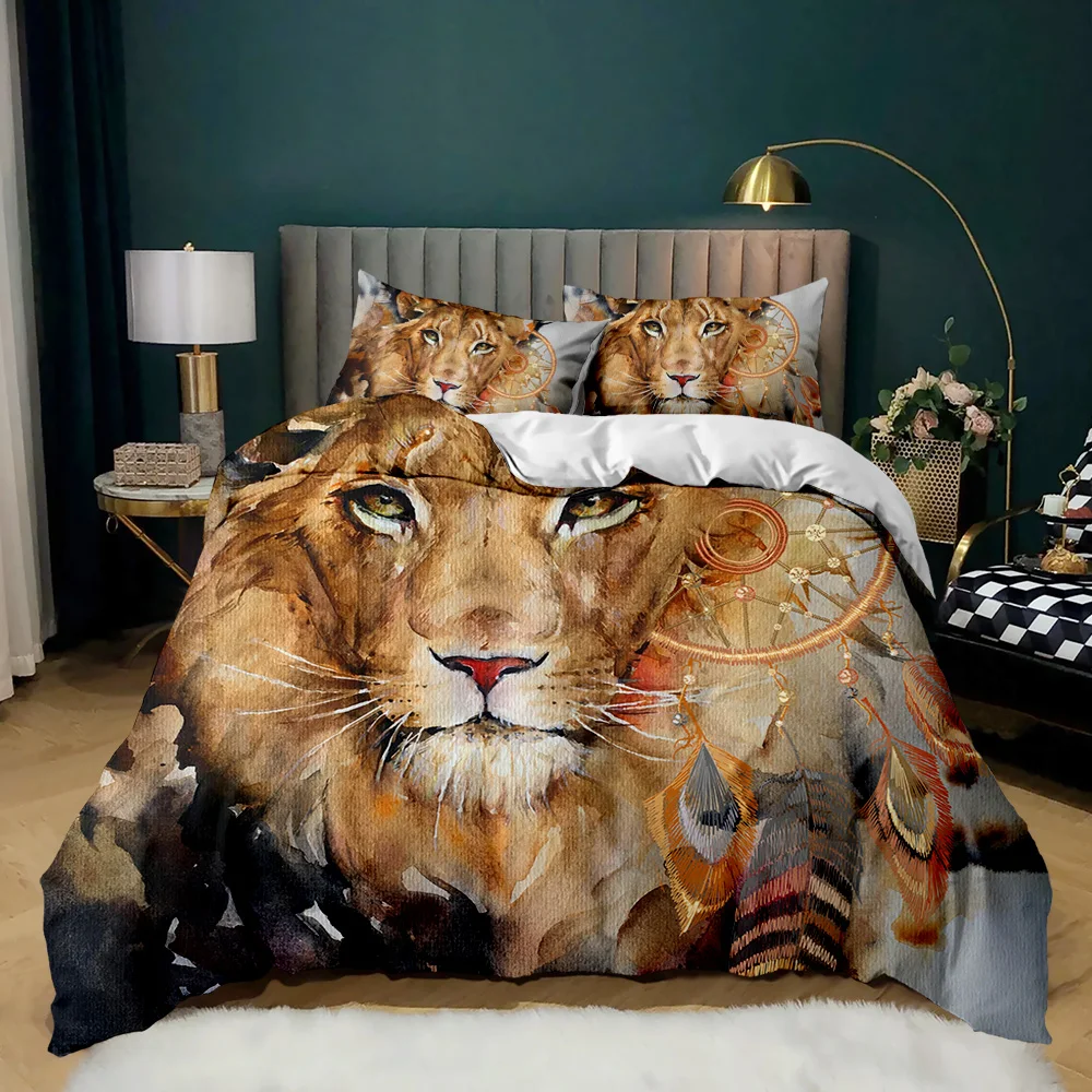 

Lion Duvet Cover Set Safari Animal Bedding Set Cute Wildlife Hunting Polyester Quilt Cover for Kids Teens Double Queen King Size