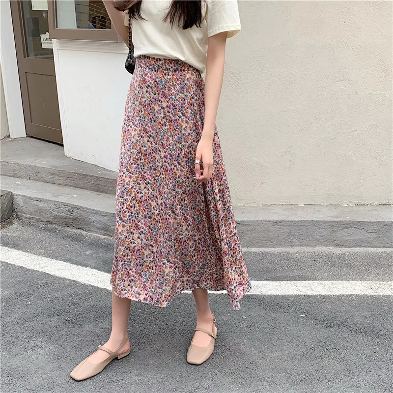 

Summer Chiffon Korean Fashion Women Mid Skirt Polyester A-line Print Empire Office Lady Look Thin Skirt Dropshipping
