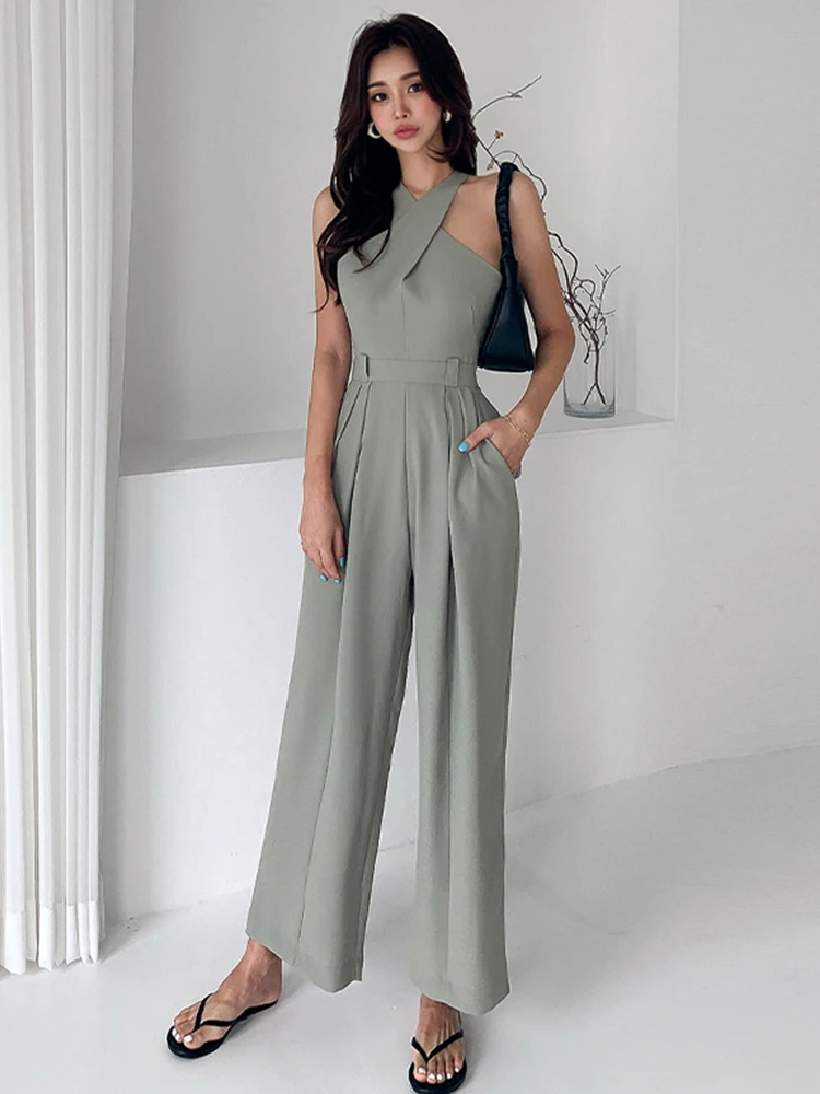 

Fashion Summer One Piece Jumpsuits For Women Chic Casual Sexy Halter Sleeveless Party Female Mujer Wide Leg Loose Rompers Street