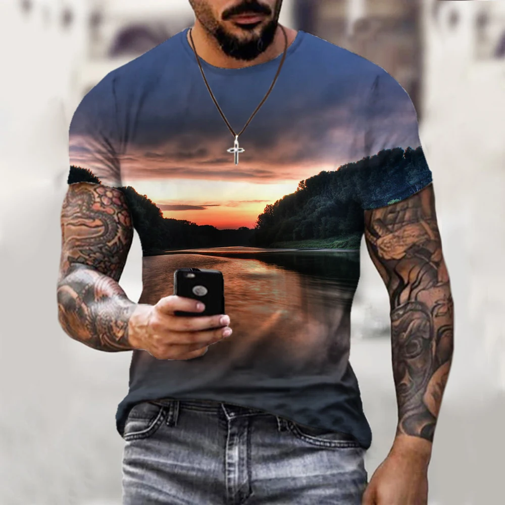

3d Tshirt Sunrise T-shirt Men Spectacular Sunrise T-shirts 3d Morning Tshirt Printed Daybreak Shirt Print Short Sleeve Punk Rock