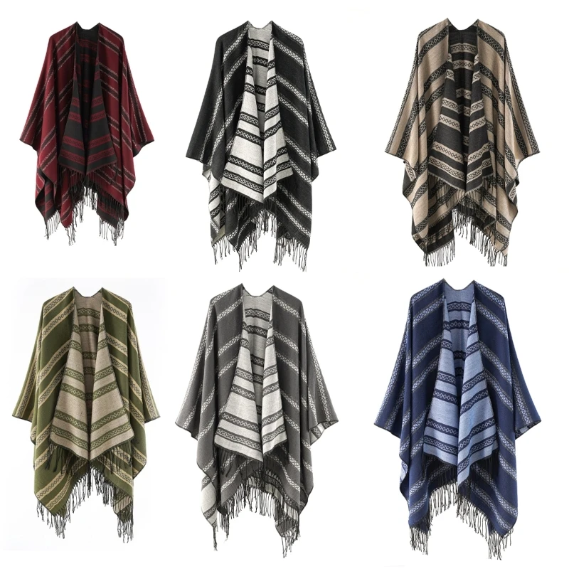 

Women Winter Scarf Striped Winter Shawl Wrap Ruana Cardigan Sweater Office Napping Wrap Women Multicolored Outwear Drop Shipping
