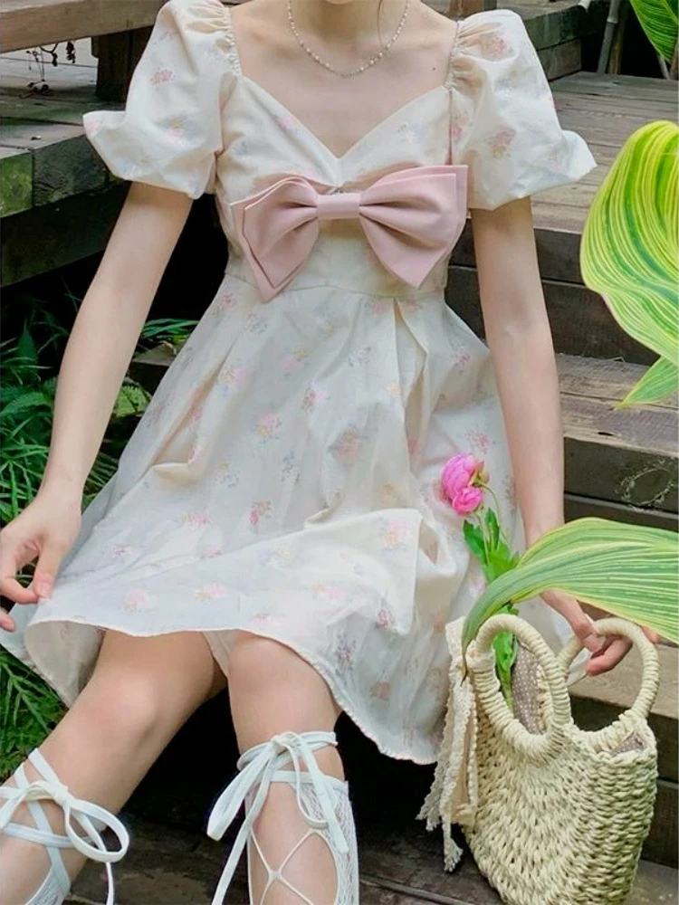 

Bow Floral Mini Dress Women Print Puff Sleeve Short Party Dress Vintage Sweet Beach Kawaill Clothing Lolita Dress 2022 Summer