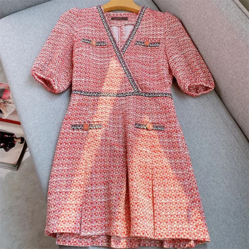 

2022 Tweed V-Neck Webbing Pleated Waist Dress ol v neck dress women