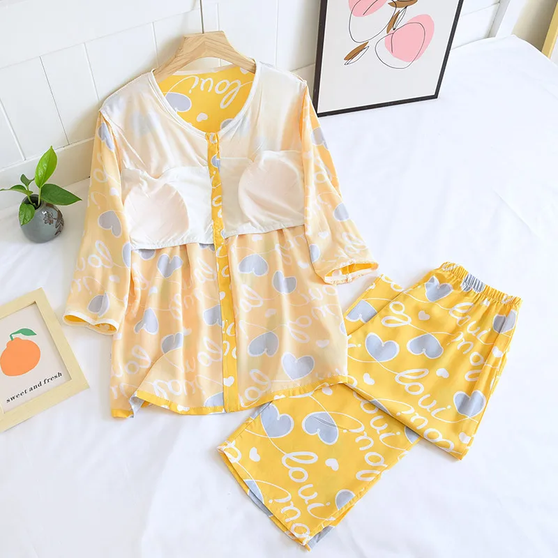 Viscose Pajama Set Women Home Clothes Pijamas Three-quarter Sleeve Trousers Round Neck Chest Pad Summer Thin Cool Wear Sleepwear