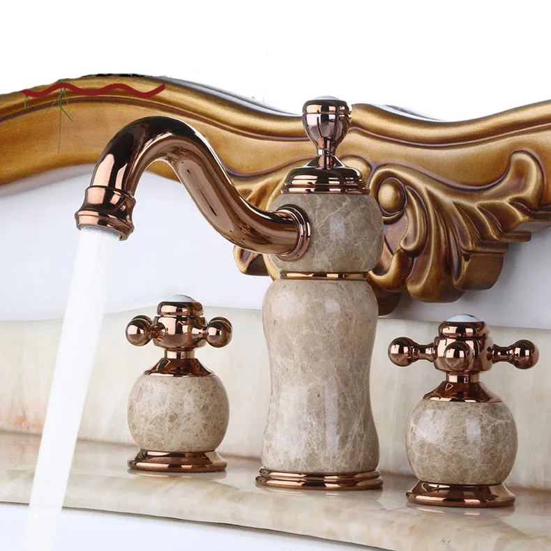 

Antique Rose Gold with Jade Marble Bathroom Bathtub Basin Sink Mixer Dual Handle Dual Control Crane 8 inch Hot and Cold Faucet