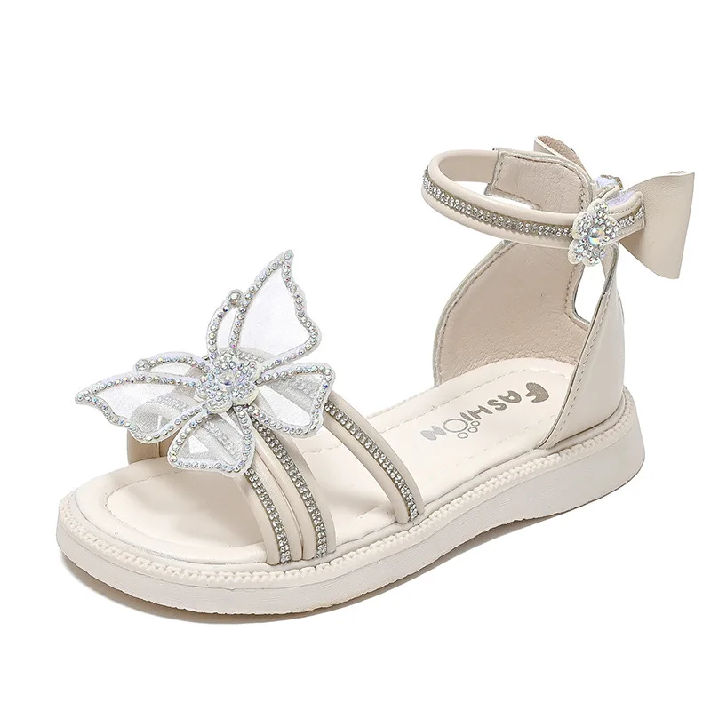 

Kids Fashion Girls Sandals for Party Wedding Shows Butterfly Chic Princess Shoes Back Bow Open-toe 2023 Summer New Rhinestones