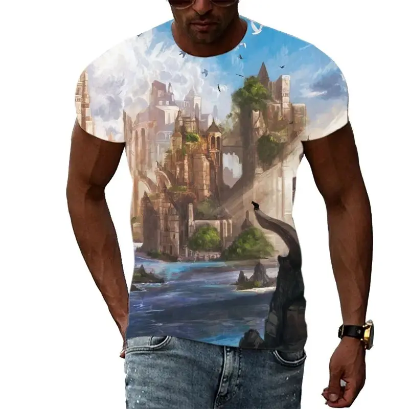 

Summer Men Dream City Natural Landscape 3d Printing Fashion Casual O Collar Short-Sleeved T-Shirt Street Harajuku Plus Size Top