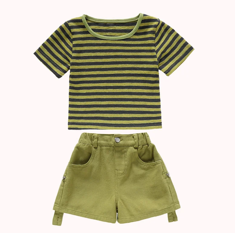 

Retail 2023 New Baby Girls Summer Cute Casual Sets, Striped T-shirt + Shorts Princess Sweet Suits 2-7T