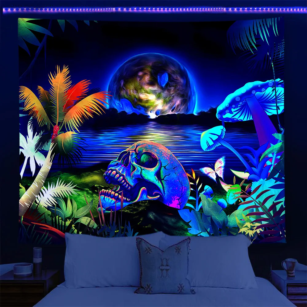 

Room decoration psychedelic skull fluorescent tapestry home decoration aesthetics bedroom living room fluorescent tapestry