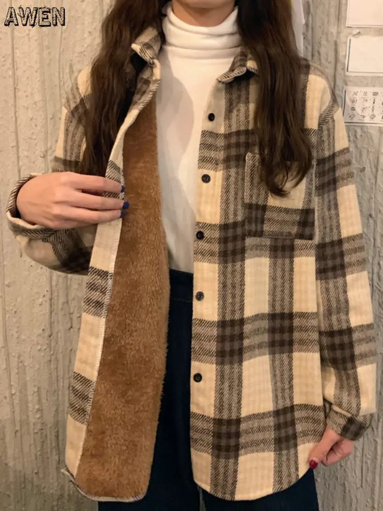 

Padded Thick Women Plaid Shirts Korean Warm Fleece Button Up Tops Vintage Turn Down Collar Loose Woolen Female Coats Jacket