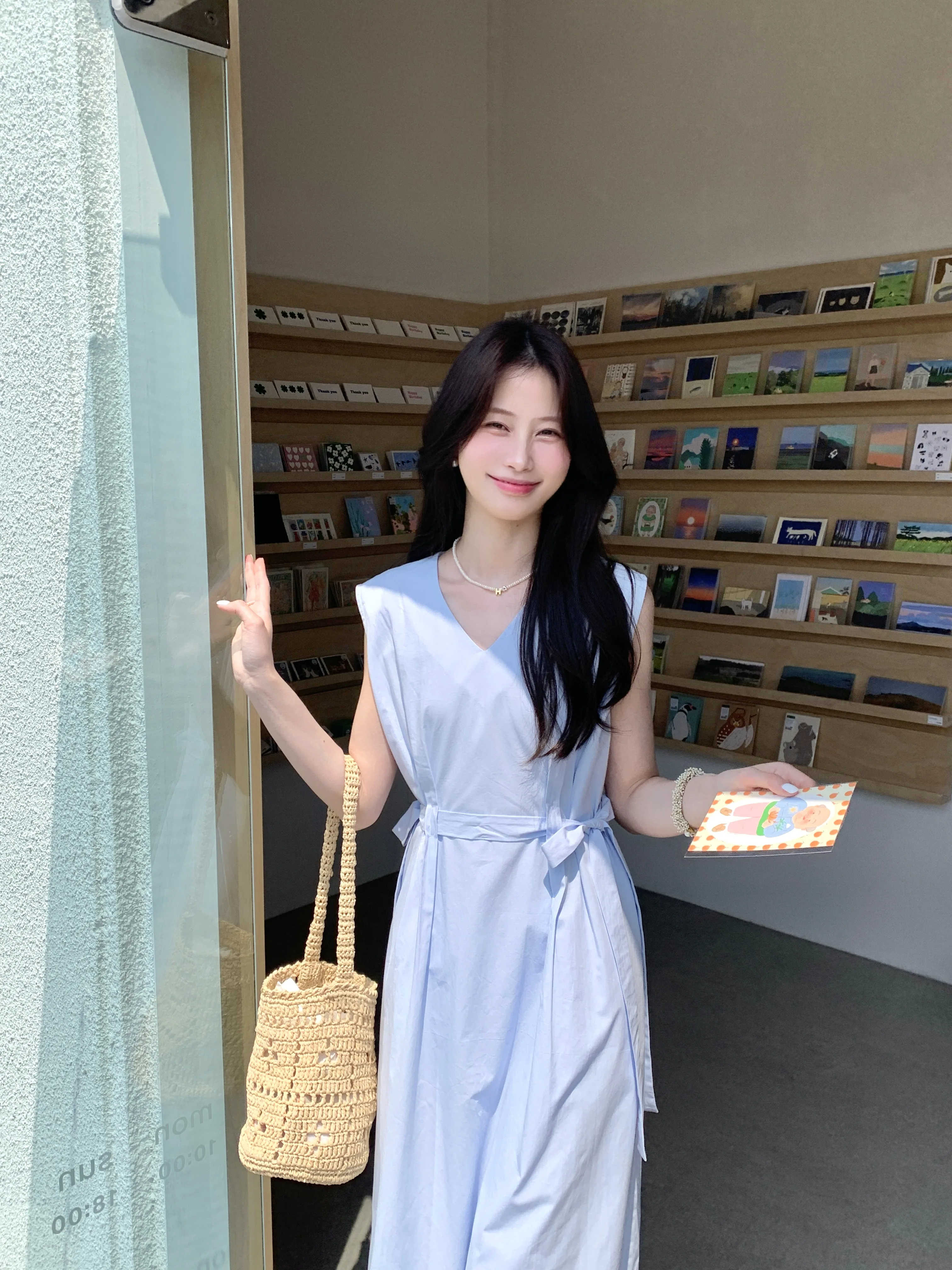 Jejuna Fried Chicken Ouni Blueberry Yogurt Pure Cotton Blue Waist Hugging Long Dress V-neck Temperament Vest