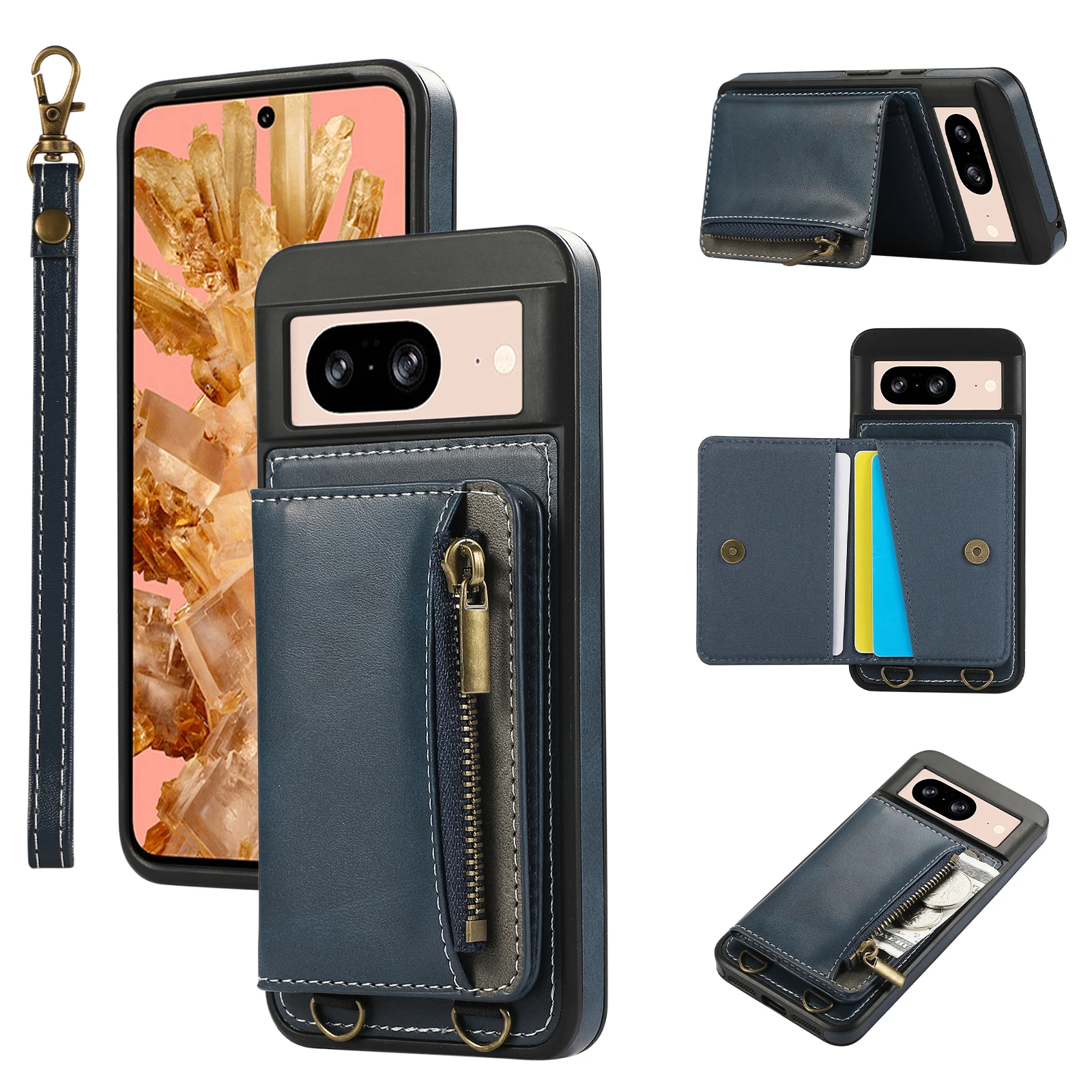 Противоударный кожаный держатель для кредитных карт на молнии кошелек Google Pixel 8 Pro