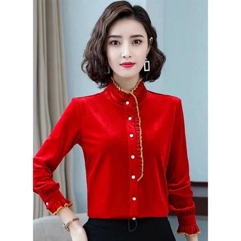 Женская одежда больших размеров золотая бархатная рубашка топы весна-осень