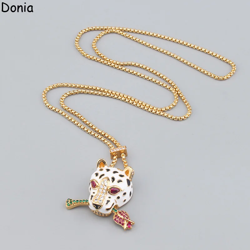 

Donia Jewelry European and American fashion enamel leopard head and rose titanium steel micro inset AAA zircon necklace luxury