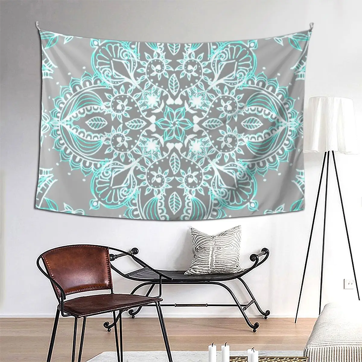 

Teal And Aqua Lace Mandala On Grey Tapestry Funny Wall Hanging Aesthetic Home Decor Tapestries for Living Room Bedroom Dorm Room