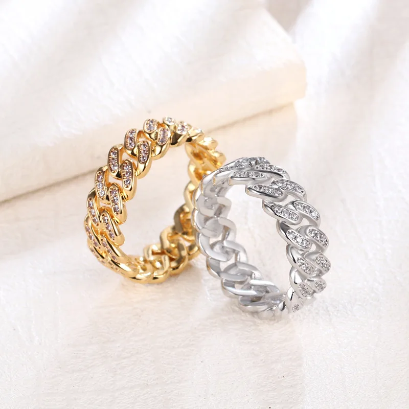 

Luxury Zircon Crystals Hiphop Men Finger Rings 8mm Cuban Chain Ring Fashion Jewelry Accessories