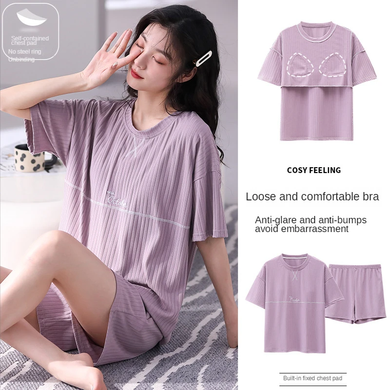 Pajamas with Chest Pad Comfortable Short Sleeve Ladies Women Summer Pajama Sets Printed Modal Sleepwear Young Girl Stye Clothes