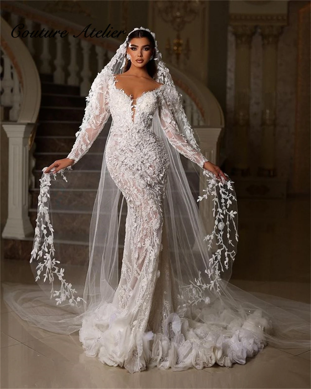 

Luxury White Long Sleeve Wedding Dresses Luxury Ruched Mermaid Bridal Dress Beaded Appliques Engagement Gowns vestido de gala