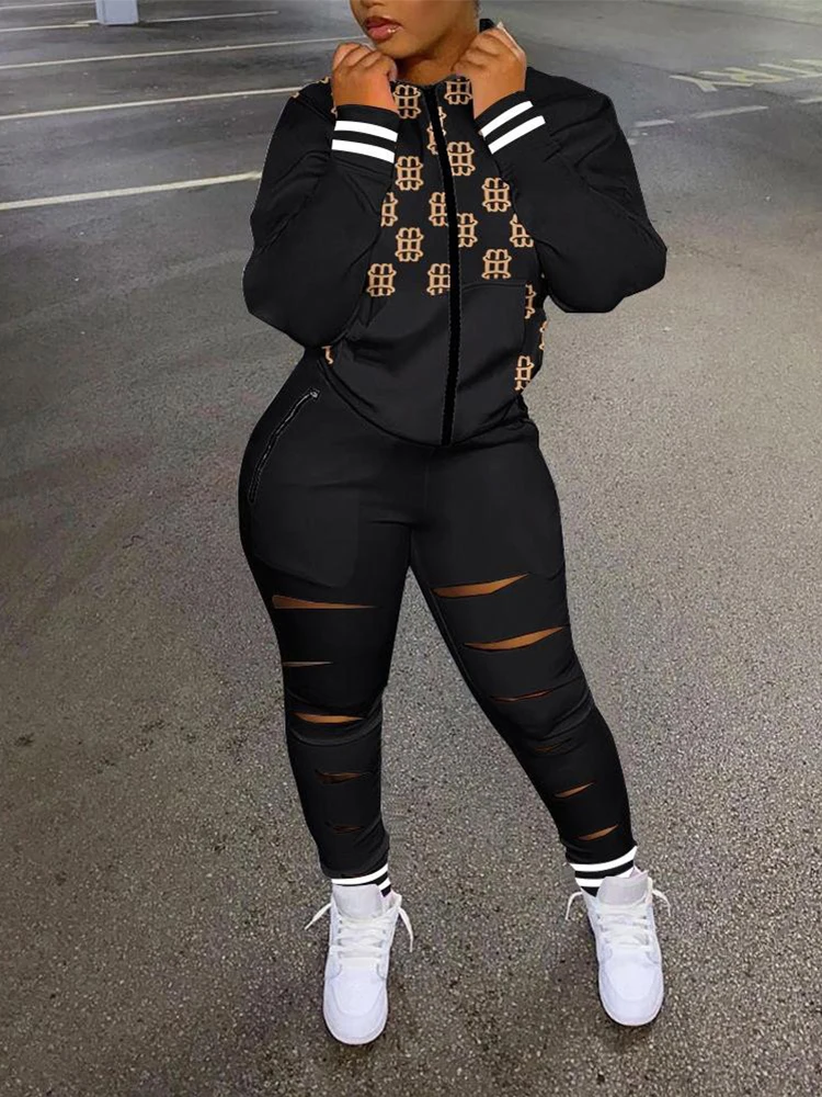 

2022 AutumnTwo Piece Sets Womens Letter Print Zip Detail Top & Ladder Cutout Pants Set Outifits Fashion Tracksuits Casual Elegan